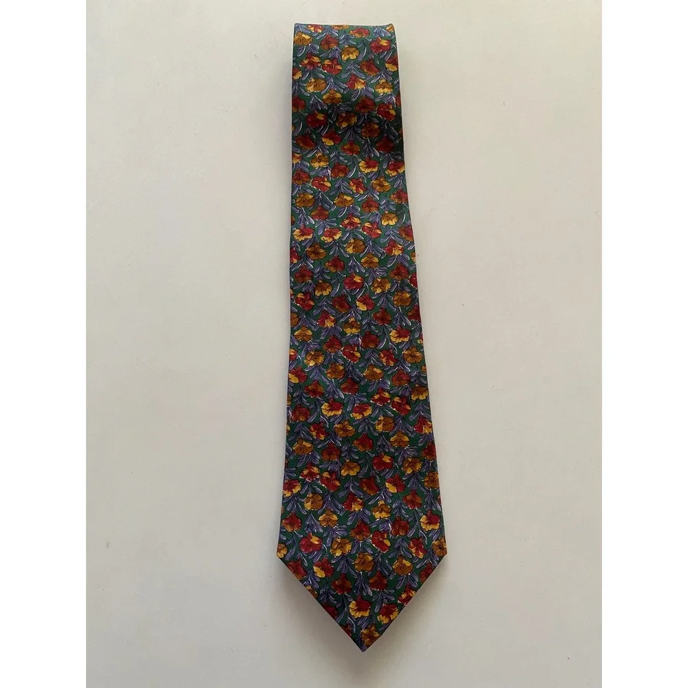 Robert Stock Mens Silk Necktie Green Floral Botanical Print Made in USA 57x3.75